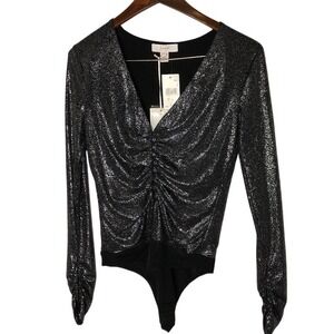 Scripted Bodysuit Womens Size S Black‎ Silver Glitter Ruched V-Neck Long